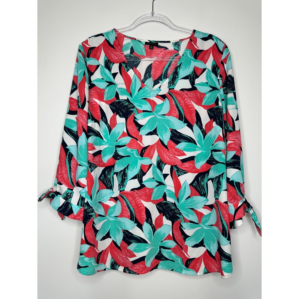 Talbots V-Neck Blouse‎ Womens XL Floral Turquoise Red Tropical Resort Tie Cuff